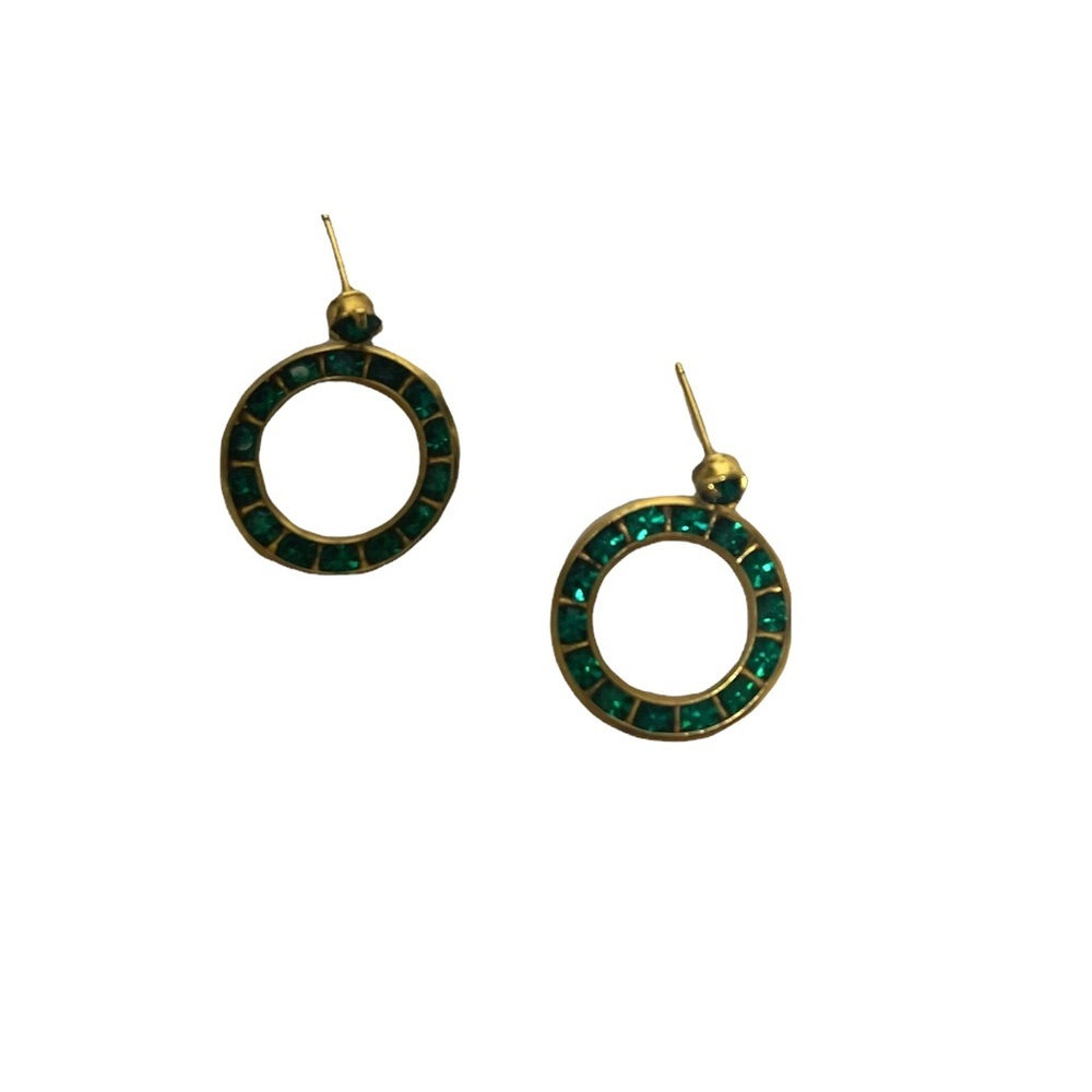 Vintage Faux Emerald Drop Hoop Gold Tone Earrings - Picture 7 of 9